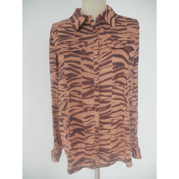 Belldini Black Label Plus Size Tiger Print Button-Front Shirt Blouse M - Picture 2 of 7
